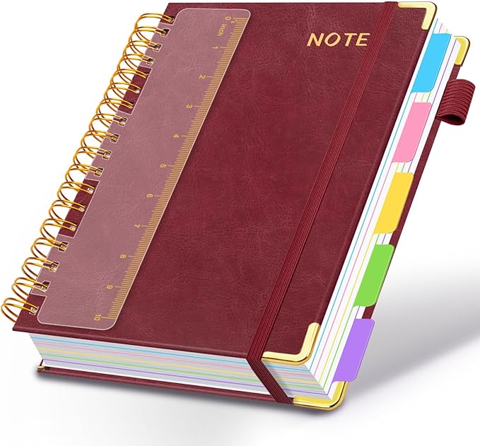 Hardcover Spiral Notebooks for Work 8.5''x 11'', 300 Pages 5 Subject Notebook with Dividers & Tabs, A4 Spiral Journal for Women, College Ruled Notebooks for School Note-Taking (Wine Red)