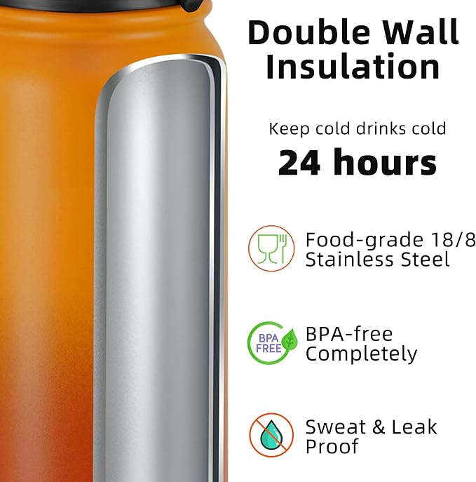 Fanhaw 32 oz Insulated Stainless Steel Water Bottle with Anti-Dust Chug Lid, Leakproof Vacuum Sports Bottle for Kids, Teens & Adults, Back to School Essentials (Yellow Orange)