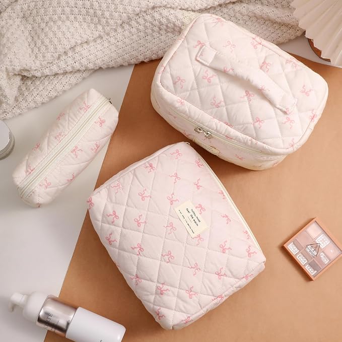 uekeboag Large Travel Quilted Makeup Bag for Women | Soft Floral Cotton Cosmetic Bag, Foldable Coquette Aesthetic Toiletry Organizer