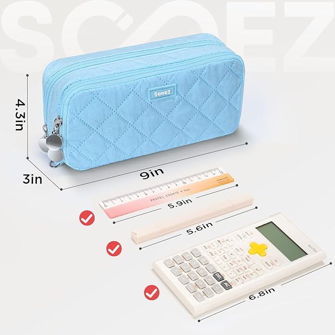 Sooez Large Pencil Case Pouch, Extra Big Pencil Bag with 8 Compartments, Pen Bag Wide Opening, Soft Quilted Pencil Pouch Organizer with Zipper, Portable Pencil Case for Teen Girls, Dark Blue