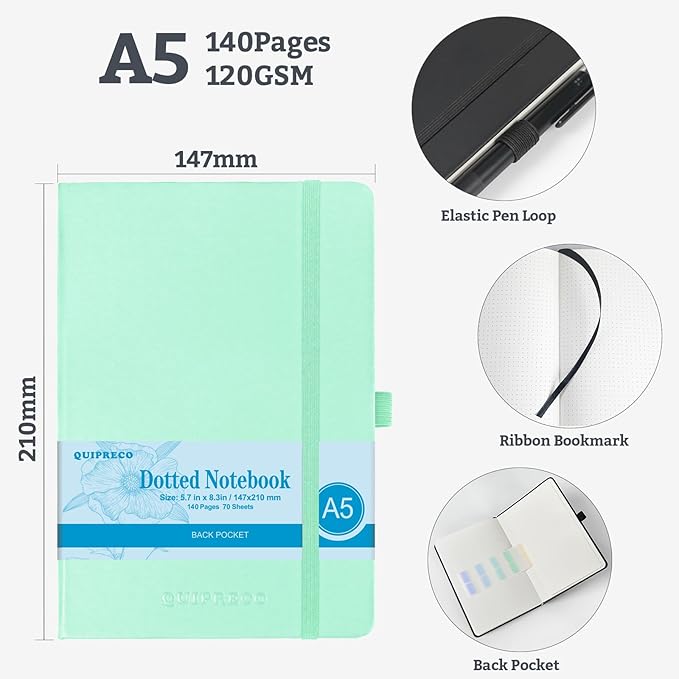 2Pack Bullet Dotted Journal Hardcover Notebook, A5 140 Pages 120Gsm Thick Paper for School,Note Taking,Work,Diary，5.7''*8.3'',Light Green