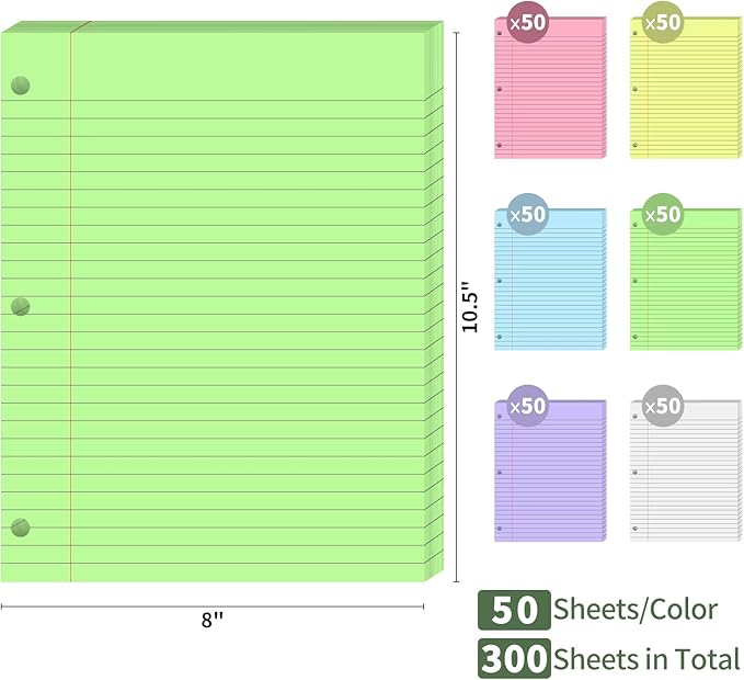 300 Sheets Loose Leaf Binder Paper, 6-Color Wide Ruled Lined Paper, 8” x 10.5”, 3-Hole Punched Notebook Paper Writing Paper for School Office