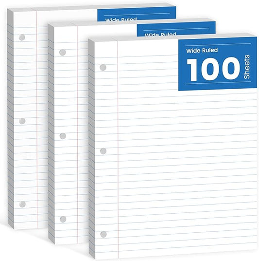 Loose Leaf Paper, 300 Sheets Filler Notebook Paper, 3-Hole Punched Binder Papers 8-1/2 x 11 In, Wide Ruled Lined Paper 8.5 x 11 for 3 Ring Binder, White, 3 Pack, 100 Sheets/Pad
