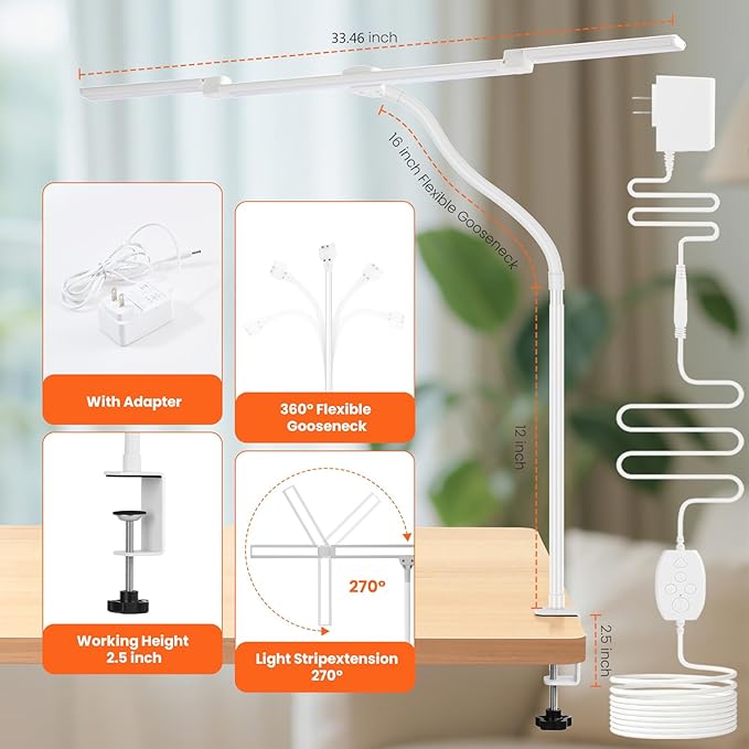 LED Desk Lamp for Office Home, 3 Light Bar Adjustable Desk Light with Clamp, Architect Table Lamp Computer Monitor Lighting, Stepless Dimming Eye-Caring Clip on Light for Workbench Reading Study White