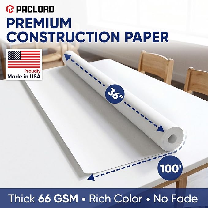 White Construction Paper Roll 36" x 100 ft – Made in USA – 36" Bulletin Board Paper for Classroom & School, Teachers & Kids