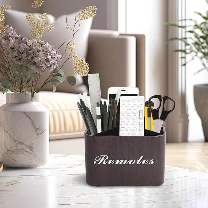 Square Leather Art Supply Organizer,Remote Control Holder with Removable Dividers,360°Rotatable Pencil Holders,4 Compartments Organizer for Office Supplies Storage Box(1-Dark Brown)
