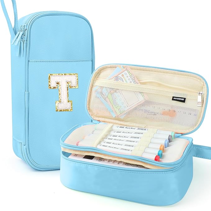 Large Pencil Case,Big Capacity Pencil Pouch,Personalized Initial Pencil Bag with smooth zipper,Multiple Pockets,Cute Aesthetic Stationery Pen Case Bag for Teen Girls College (Blue, T)