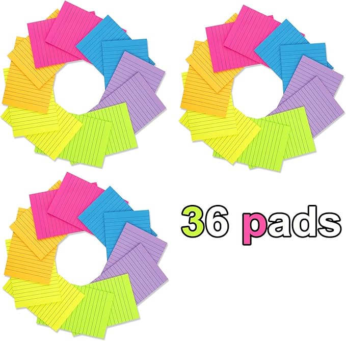 (36 Pack) Lined Sticky Notes 4x6 in,Large Notepads with Lines,Ruled Stickies Super Sticking Power,Office School Memo Note Pads Bright Colors,Post on Windows Doors,Recyclable,Easy to Write on