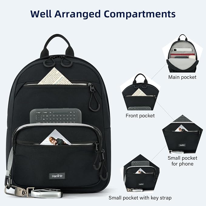 HanTrip 13 Inch Mini Small Travel Backpack Cary on For Women Men, Black | 13L Capacity, Lots of Pockets, Padded Shoulder Strap, Lightweight, Water Resistant, Bookbag for College, Commuter, Work