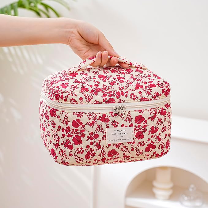 uekeboag Large Travel Quilted Makeup Bag for Women | Soft Floral Cotton Cosmetic Bag, Foldable Coquette Aesthetic Toiletry Organizer