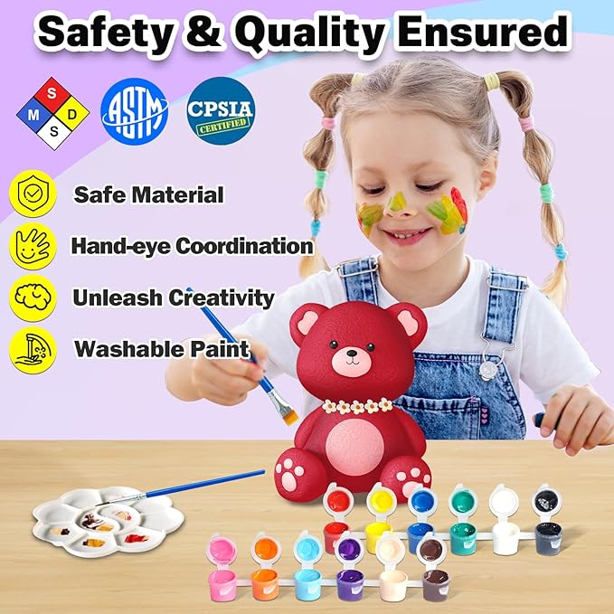 FUNZBO Paint Your Own Bear Lamp Kit - Arts and Crafts Supplies Painting Kits for Kids Teens, DIY Night Light Toy for Girls Boys Ages 3 4 5 6 7 8 9 10 11 12 Birthday Gifts