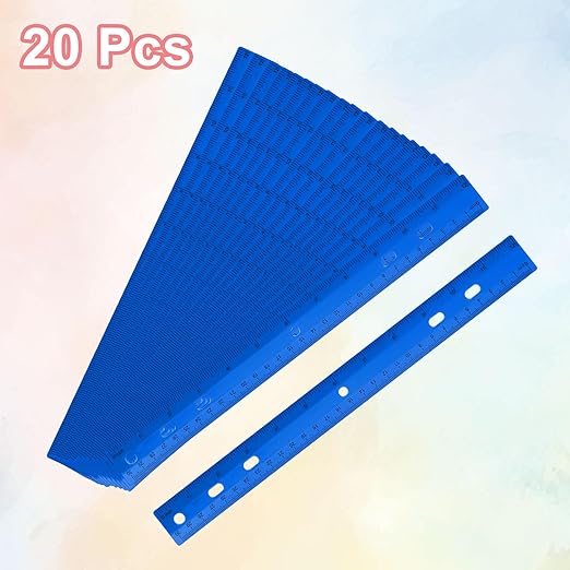 HARFINGTON 20pcs Plastic Rulers 12" (30cm) Clear Straight Ruler Measuring Tool Inches and Centimeters with Hole for Home Office Classrooms Drafting, Blue