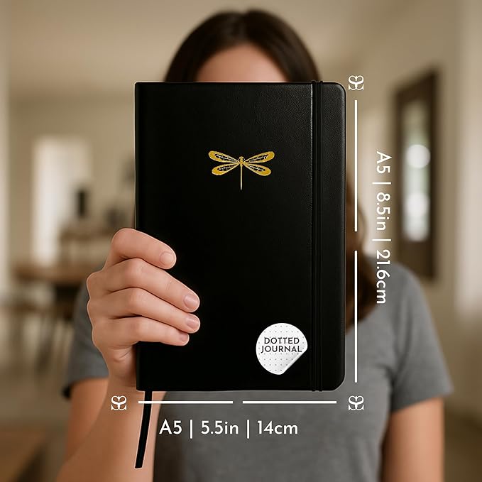SETTINI Dotted Journal, Ideal for Bullet Journaling - A5 Vegan Leather Notebook, 192 Archival-Quality Pages, QuillEase Bleed-Free Paper, Inner Pocket & Bookmark - Dragonfly Gifts for Women, Black Dragonfly