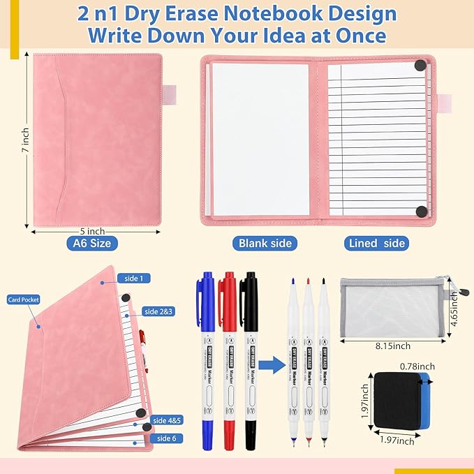 Feifeiya 6 Sides Dry Erase Notebook Portable Whiteboards Notebook Small Reusable College Ruled Lined Board Folding Mini Travel Dry Erase White Board for Office Study(Pink,A6: 5 x 7 Inches)