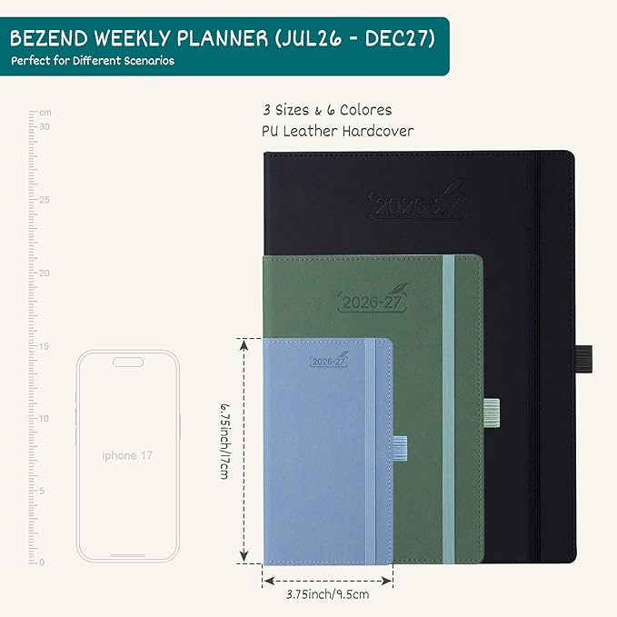BEZEND Pocket Planner 2026-2027 Weekly and Monthly (3.75" x 6.75" Slim Size) 18-Month Academic Calendar Notebook (Jul 26-Dec 27), Ideal for Students & Professionals, PU Leather Hardcover -Brown