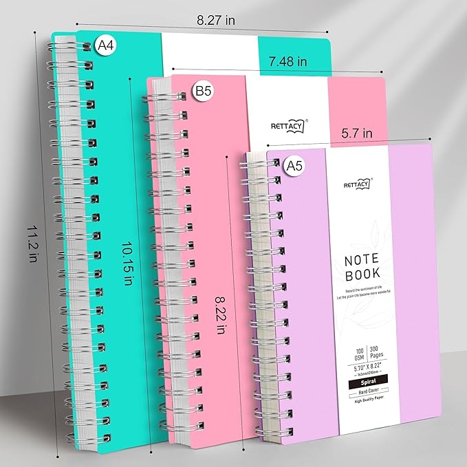 RETTACY Dotted Journal Notebook, 300 Pages, A4 Large Size (8.2'' × 11.2''), 100 GSM Thick Paper, Flexible Plastic Cover, Spiral-bound, for Journaling, Planning, Tracking (Lilac)