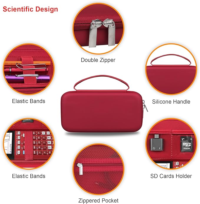 Elonbo Carrying Case for Texas Instruments TI-84 Evo/TI-84 Plus CE Evo Graphing Calculator, Extra Mesh Pocket Fits Charging Cable Charger Manual, Red