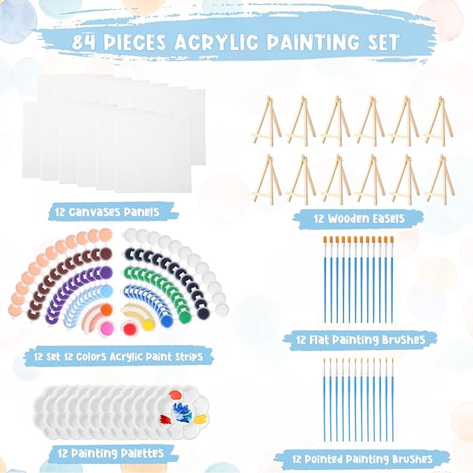 Qilery 12 Set Canvas Painting Kit, Mini Canvas with Wooden Easels Acrylic Paints Strips, Brushes, Palette, Art Set for Acrylic Oil Watercolor Adults Birthday Party Favors(6 x 6 Inch)