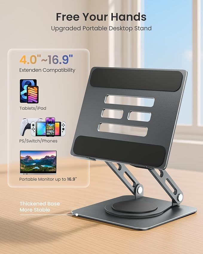 LOXP Metal Tablet Stand, 360 Rotating iPad Stand with Heavy-Duty Base, Tablet Holder Compatible with 4.0-16.9" Device, 2025 iPad Pro Air Mini, Kindle, Surface Tablet, Portable Monitors - Gray