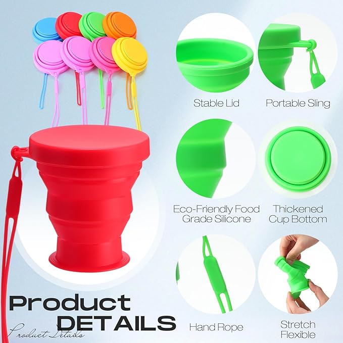 Funnymoom 8 Pcs Collapsible Travel Cups with Lids 7 oz Silicone Folding Camping Cup Reusable Drinking Cup Sets for Outdoor Hiking Camping and Travel(Rainbow Colors)