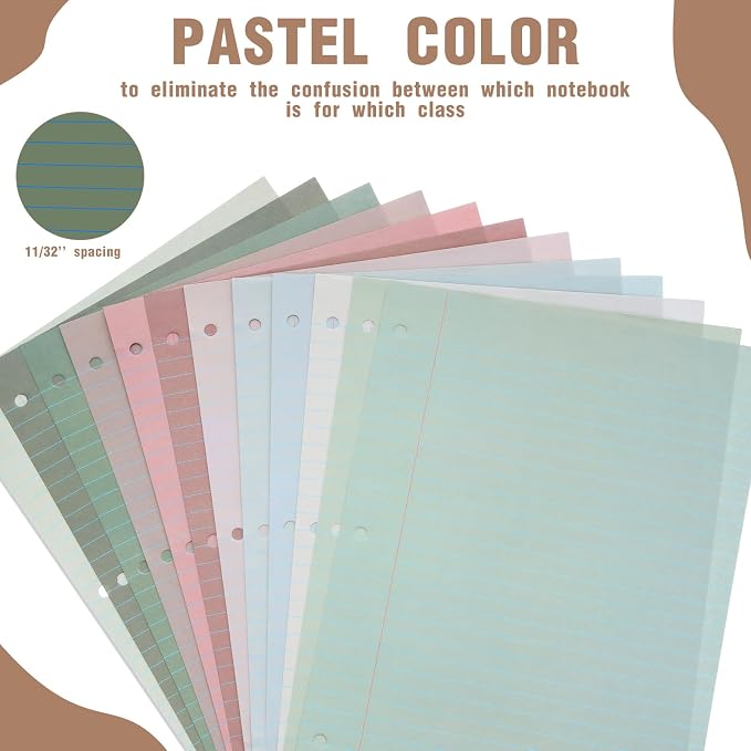 PerKoop 12 Pack 600 Sheets Loose Leaf Paper 8" x 10.5",Morandi Color