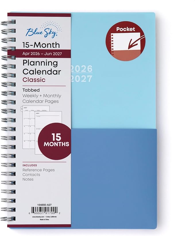 Blue Sky 2026-2027 Weekly and Monthly Academic Year 15 Month Planner Calendar, April 2026 - June 2027, 5" x 8", Flexible Cover With Pockets, Wirebound, Storage Pocket, Blues