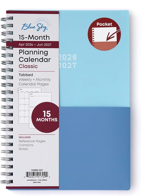 Blue Sky 2026-2027 Weekly and Monthly Academic Year 15 Month Planner Calendar, April 2026 - June 2027, 5" x 8", Flexible Cover With Pockets, Wirebound, Storage Pocket, Blues