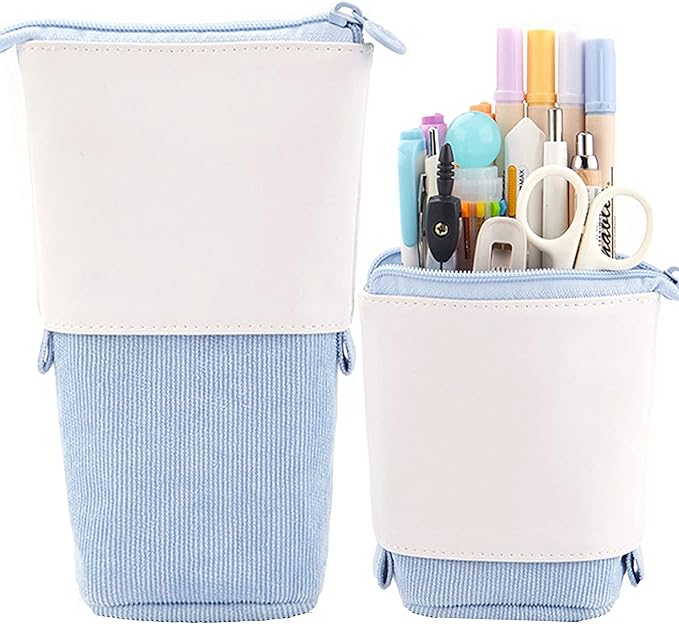 Telescopic Pencil Bag Pen Holder Stationery Case, PU Corduroy Stand-up Retractable Transformer Bag Colorful Organizer, Great for Christmas Holiday (Blue)
