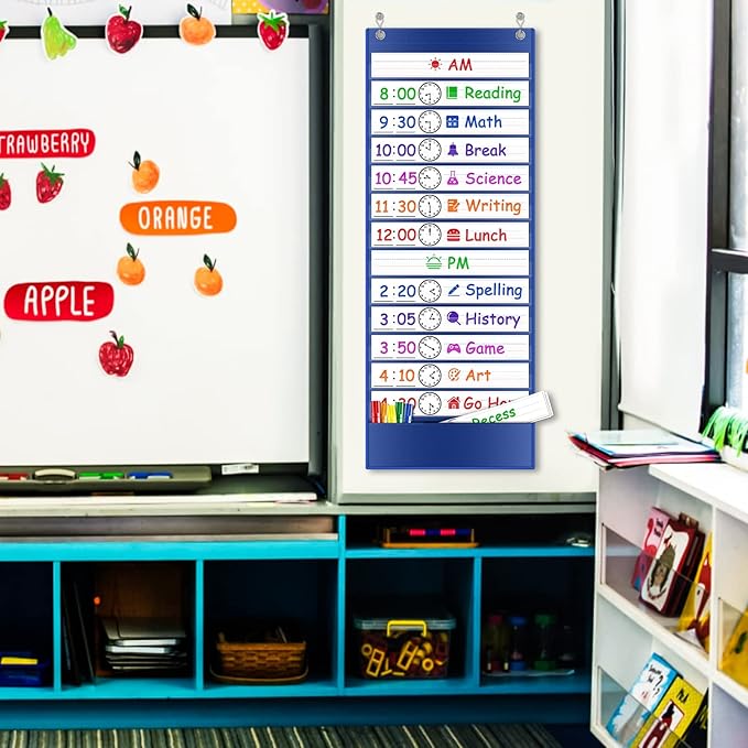 Daily Schedule Pocket Chart, 13+1 Pockets Visual Schedule for Kids, 18 Reusable Dry Eraser Cards 2 Over The Door Hooks, Daily Schedule for Kids, Classroom, School, Office or Home (BLUE)