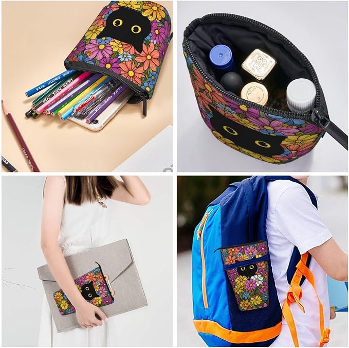 Black Cat Flower Girls Boys Standing Pencil Case Kids Kids Telescopic Stationary Pouch with Zipper Large Capacity Stand up Pen Bag Portable Makeup Holder for Children School Students Office Supplies