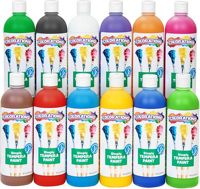 Colorations Paraben-Free Simply Washable Tempera Paint, 12 Colors, Matte Finish, Classroom Supplies, Vibrant Colors, Non-Toxic, School, Craft, Art Supply Set, Each 16oz