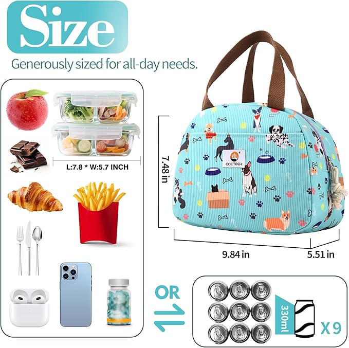 CaCTOUR Lunch Box for Women Girls Teens,Cute Lunch Box Cooler Bag, Portable Insulated Small Lunch Bag Women Reusable Corduroy Lunch Tote for Work/Travel/Picnic/School (Dog Green,Small)