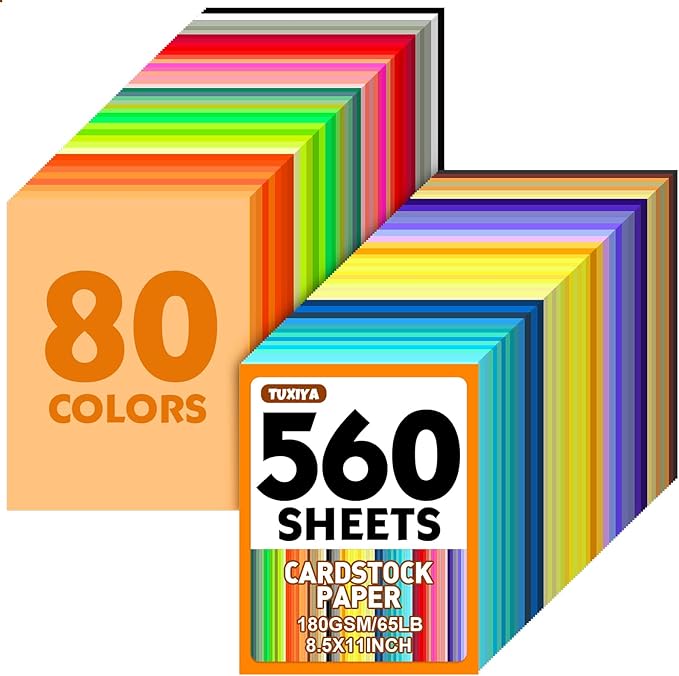 560 Sheets 8.5" X 11" Colored Cardstock, 80 Assorted Colors 180 GSM/65 LB Construction Paper Card Stock Printer Paper for Printing, Card Making, DIY Crafts, Kids School Supplies,Party Decorations