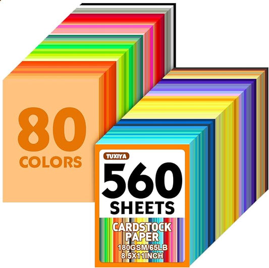 560 Sheets 8.5" X 11" Colored Cardstock, 80 Assorted Colors 180 GSM/65 LB Construction Paper Card Stock Printer Paper for Printing, Card Making, DIY Crafts, Kids School Supplies,Party Decorations