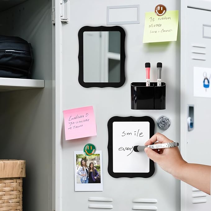 Locker Accessories for Girls Boys with Locker Mirror, Magnetic Whiteboard, Cute Smiley Face Magnets, Back-to-School Locker Decorations, Ideal for Office School Locker (Black Locker Decor Set)