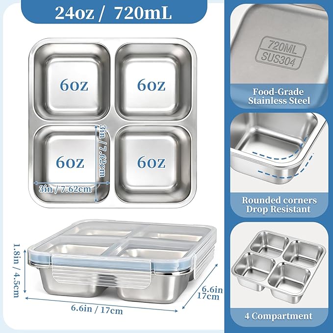 2 Pack Stainless Steel Snack Containers, Leakproof 4 Compartment Meal Prep Containers with Lids, Reusable Metal Bento Box for Adults Office Travel Gym Lunch Box for Work Dishwasher Safe