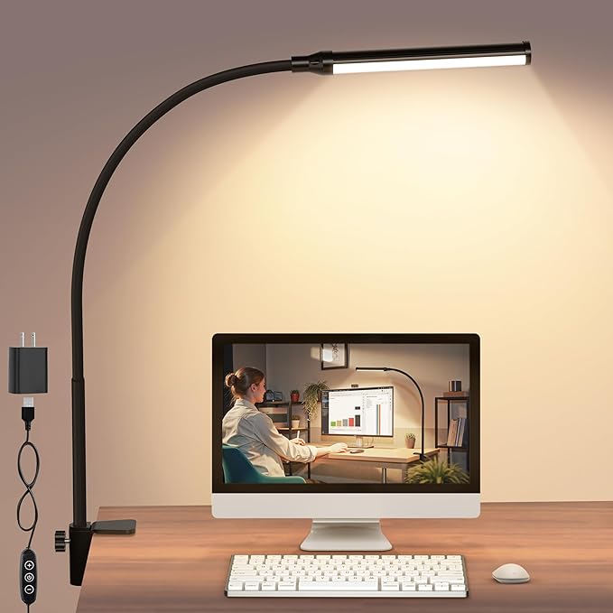 ShineTech LED Desk Lamp with Clamp, Clip On Desk Lamp for Home Office, 3000K Warm White & 11 Brightness Level, Flexible Gooseneck Architect Desk Light, Eye Caring Reading Lamp with USB Adapter
