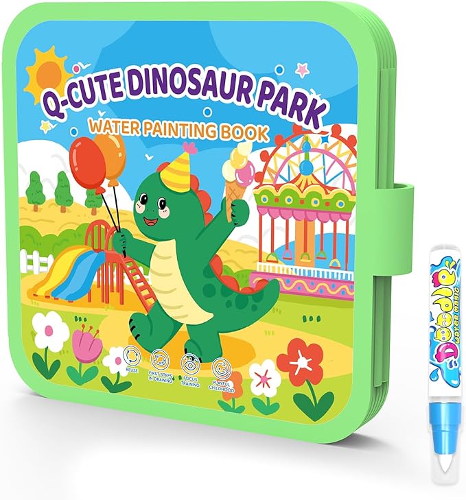 Reusable Water Coloring Books for Toddlers, Clean & Easy Painting & Doodle Book Toys for Kids Ages 1-3, 2-4 | Paint with Water Activity Book, Travel Gift for Boys & Girls-Dinosaur