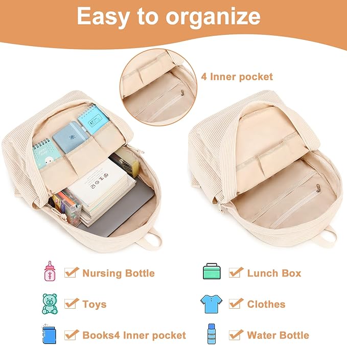 BTOOP School Backpack for Teens Large Corduroy Bookbag Lightweight 15.6 inch Laptop Bag for Girls Women Casual High School College