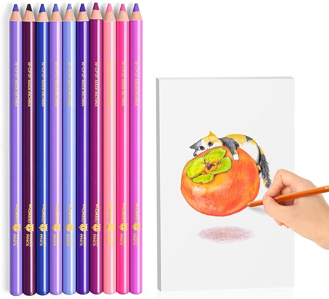 Woomer Colored Pencils: 10-Piece Purple Colored Pencils with Paper 20 Professional Fine Grain Drawing Paper for Multi-Layer Blending Practice
