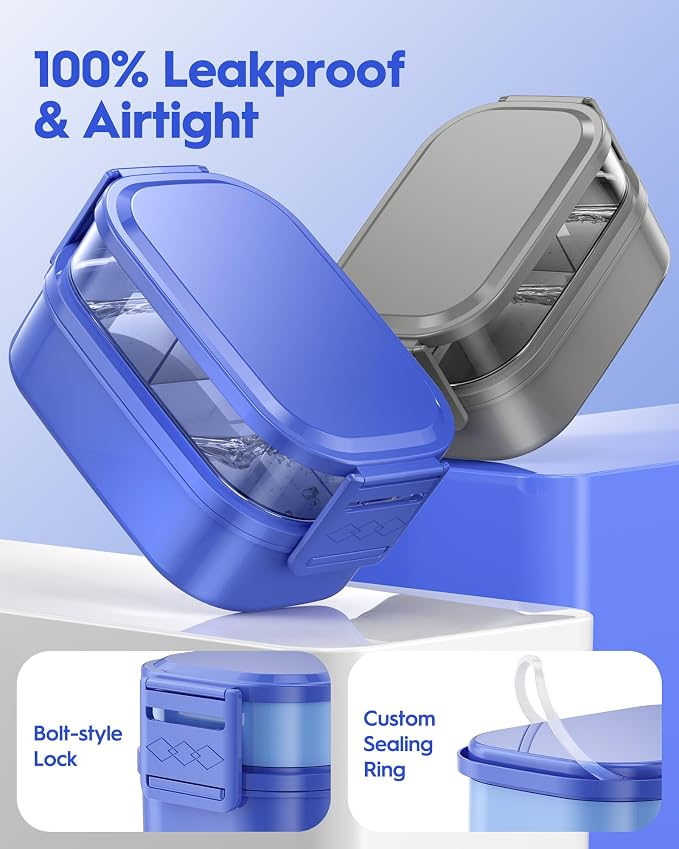 BiuLeon Bento Box Adult Lunch Box, 65 Oz Capacity Lunch Containers(Adjustable 2/3 Tier), BPA-Free, Leak-Proof and Stackable Bento Lunch Box, Microwave & Dishwasher Safe with Utensils(Blue)