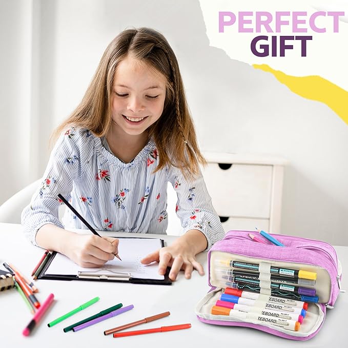 Large Capacity Pencil Case Pencil Pouch Pen Bag with 3 Compartment Stationery Organizer with Zipper, School Supplies Organizer for Teen Adults (Purple)