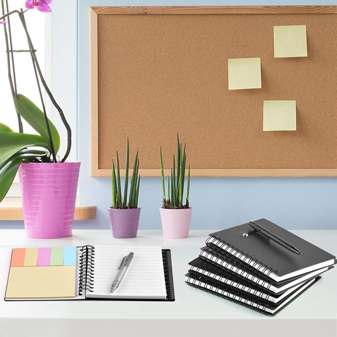 Coopay 4 Pieces Spiral Notebook Steno Pocket Notepad with Pen in Holder and Sticky Notes, Page Marker Index Tabs Flags Making Plans Writing Memos Office School Supplies (Black)