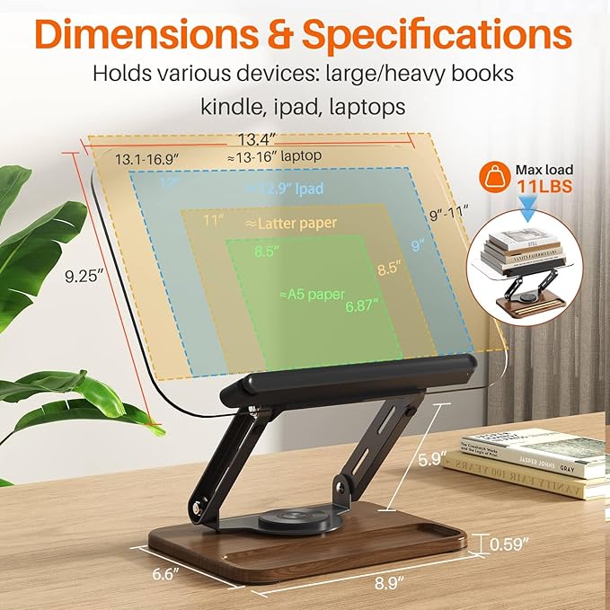 BYMECOST Acrylic Book Stand for Reading, 360°Rotating Book Holder with Pen Slot, Adjustable Height and Angle, Elastic Clips for Cookbook Stand, Foldable Desktop Riser for Laptop,Tablet,Recipe,Magazine
