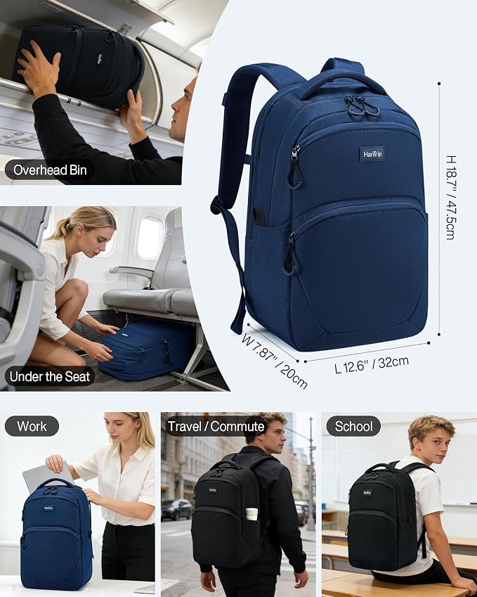 HanTrip 18 Inch Carry on Travel Backpack with Lots of Pockets, Navy Blue | 17 Inch Laptop Sleeve, Luggage Sleeve, Water Bottle Pocket, 30 Liter, Chest Strap, Water Resistant, 18x14x8 Medium Bookbag