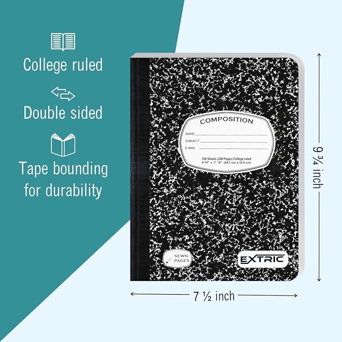EXTRIC Composition Notebook College Ruled – 48 Pack bulk College Ruled Notebooks for School, 200 Pages (100 Sheets) No Bleed Composition Book Black Marble 9.75 x 7.5 in