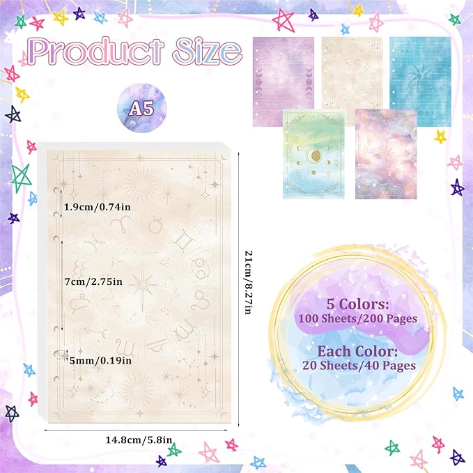 100 Sheets Tarot A5 Refills Papers for Planner Insert Binder, 120GSM Thick Mystic Tarot Card Design Notebook Fillers, Astrology 6 Hole Loose Leaf Papers for A5 6 Ring Binder Journal Diary