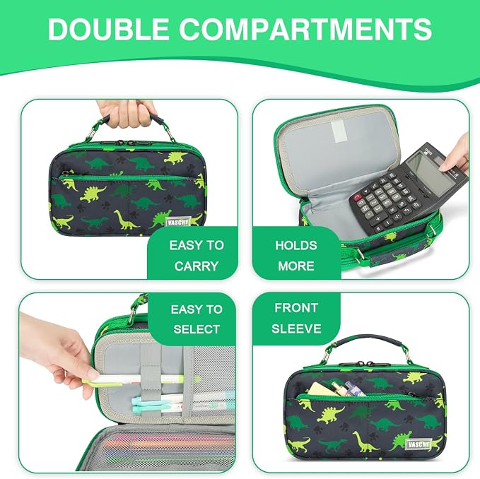 VASCHY Pencil Case for Boys, Aesthetic Kawaii Large Pencil Pouch Stationary Pencil Bag/Box for Preppy Kids, Pen Organizer Holder School Supply Black Dinos