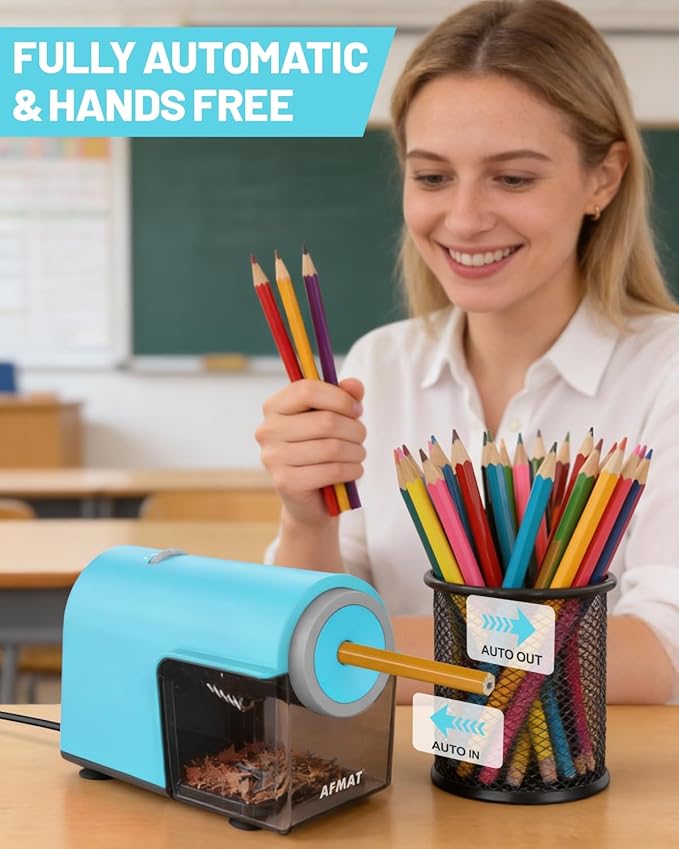 AFMAT Electric Pencil Sharpener, Fully Automatic Pencil Sharpener for 6.5-10.5mm No.2/Jumbo/Colored Pencils, Auto in & Out, 5 Sharpness Modes, 10000+ Sharpenings for Classroom Home Office, PSC5(120V)