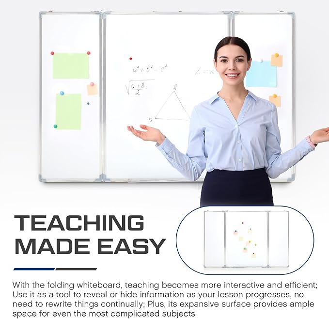 AmazingSpark 36” x 24” Foldable Whiteboard Dry Erase Board Large Tri Folding Whiteboard Magnetic Dry Erase Board, Wall Aluminium Frame and Pen Tray for Office, Home
